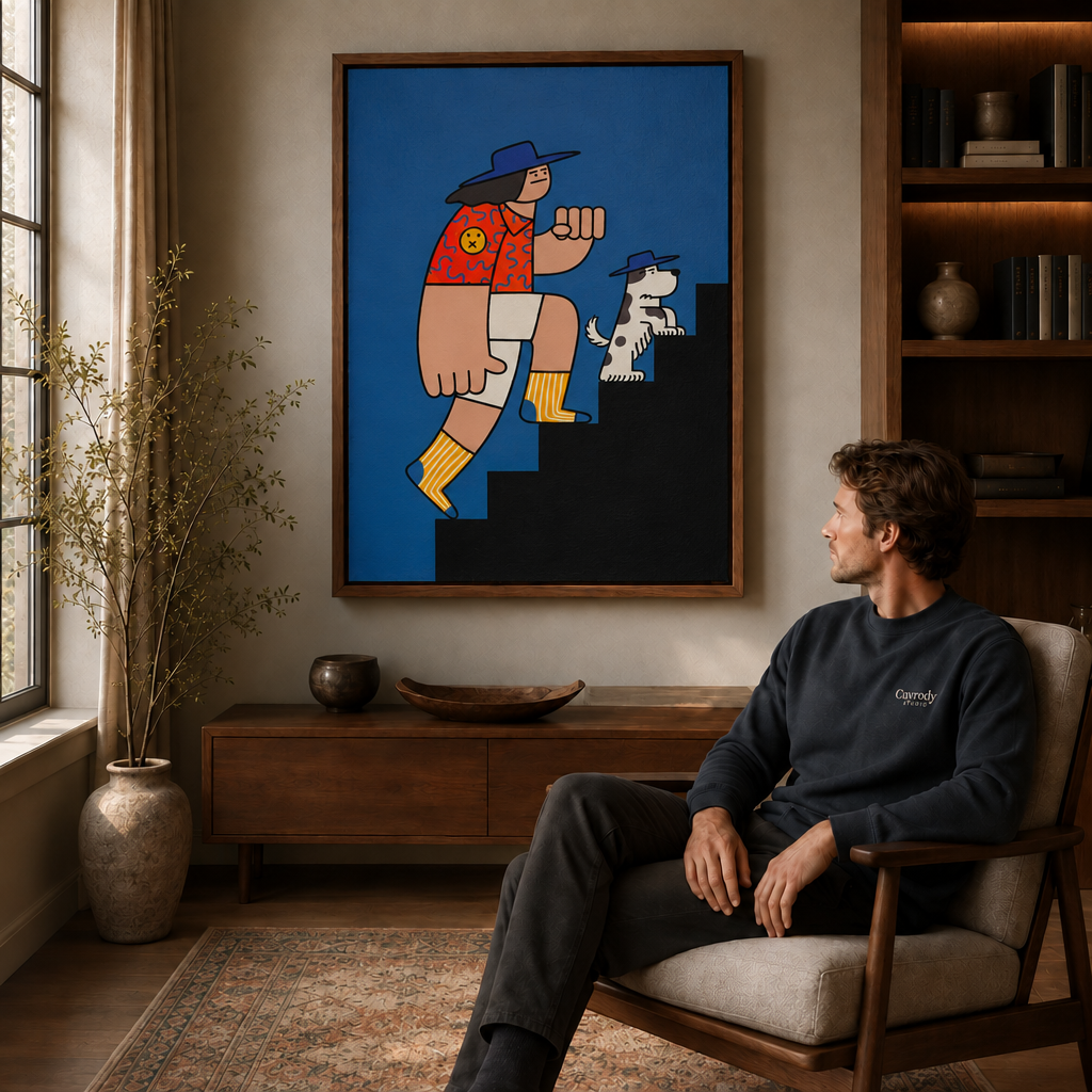 stairs illustration artwork in the walnut-framed scene 