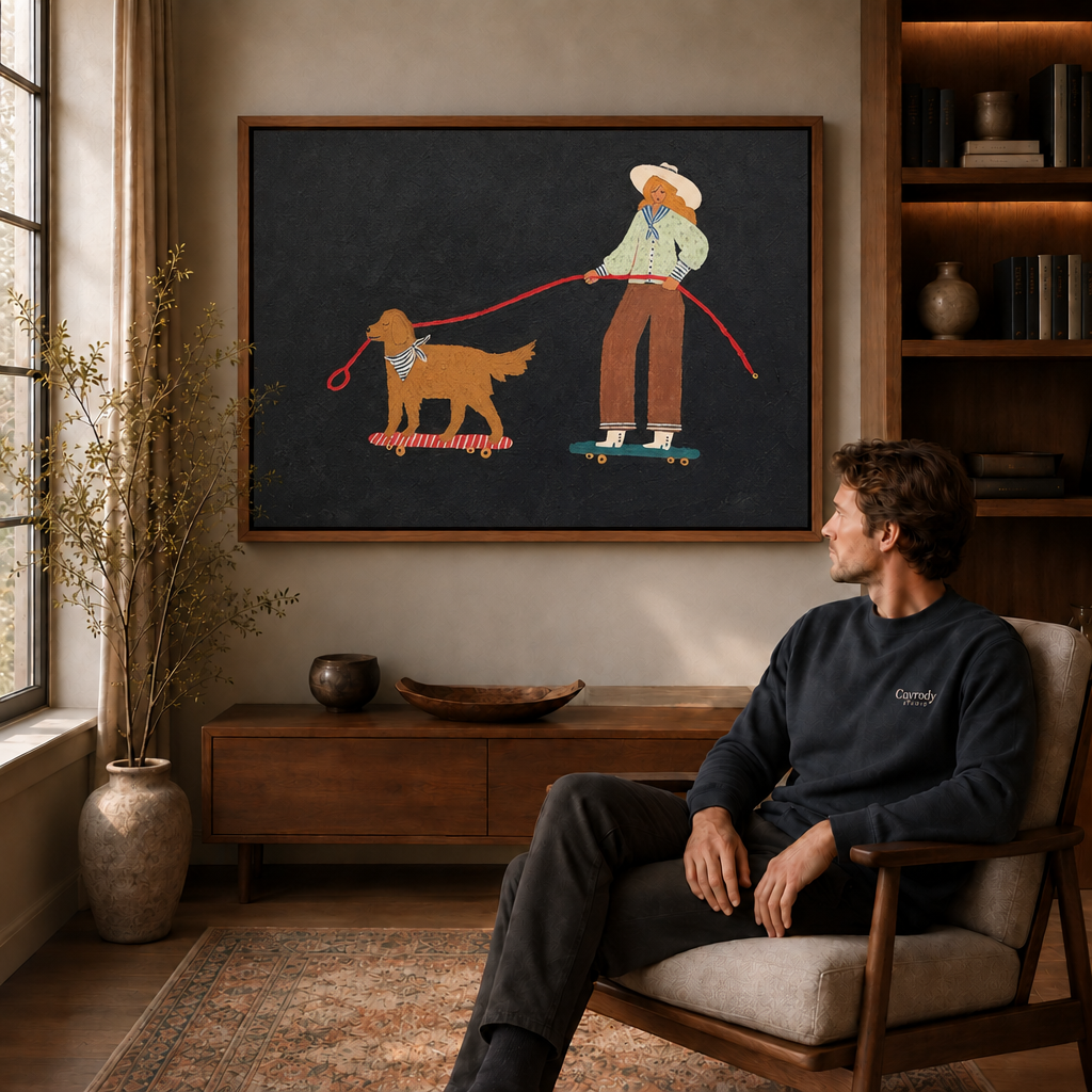 a framed whimsical canvas of a skateboarding cowgirl and dog.