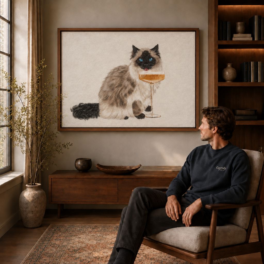 Whimsical champagne cat canvas art in a walnut frame.