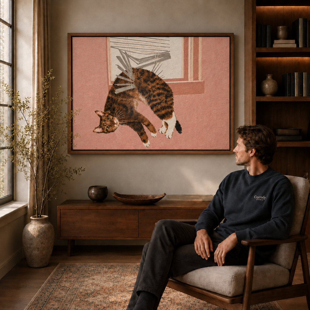 a walnut framed canvas of a calico cat leaping through a broken window