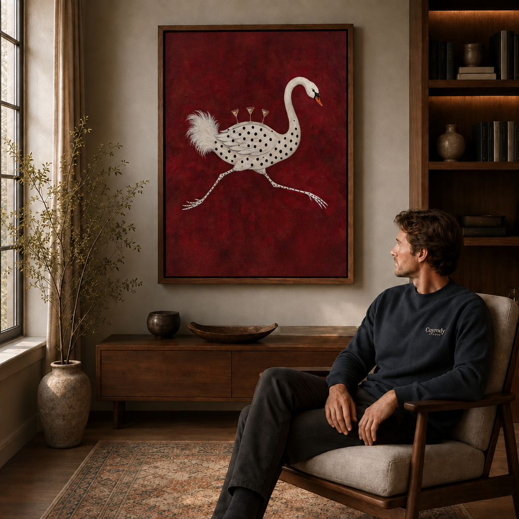  a framed whimsical canvas of a polka-dot swan carrying martini glasses.