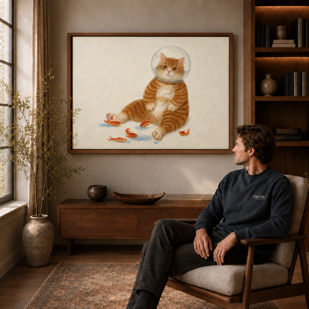 Whimsical fishbowl cat canvas art in a walnut frame.