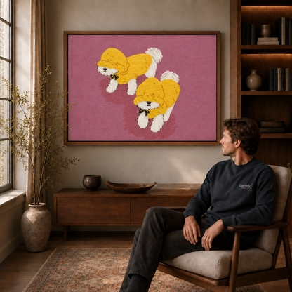 a walnut framed canvas of two yellow raincoat dogs in a living room
