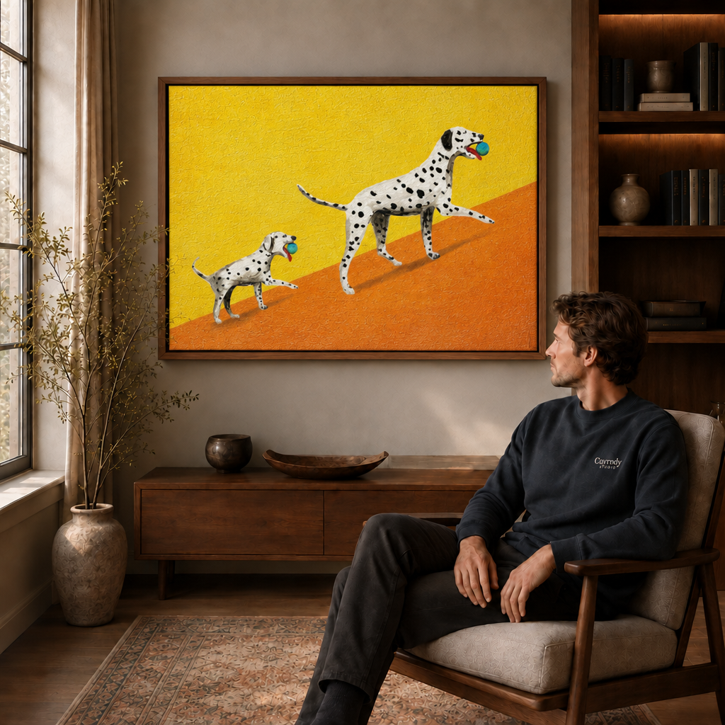 a walnut framed canvas of two Dalmatians with blue balls