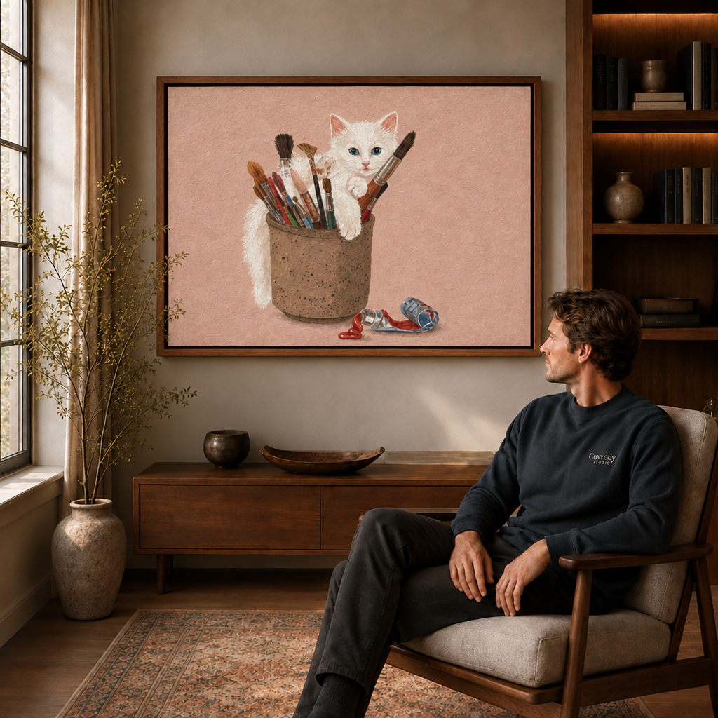 Whimsical kitten canvas art in a walnut frame.