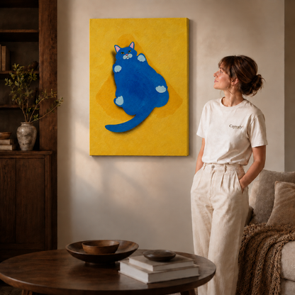 blue cat artwork on the frameless canvas scene 