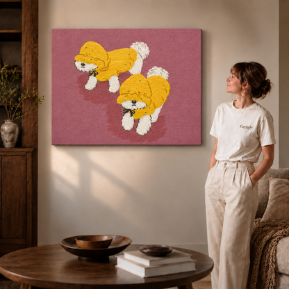 Frameless canvas wall art of two yellow raincoat dogs displayed 