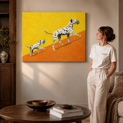 Frameless canvas wall art of two playful Dalmatians displayed