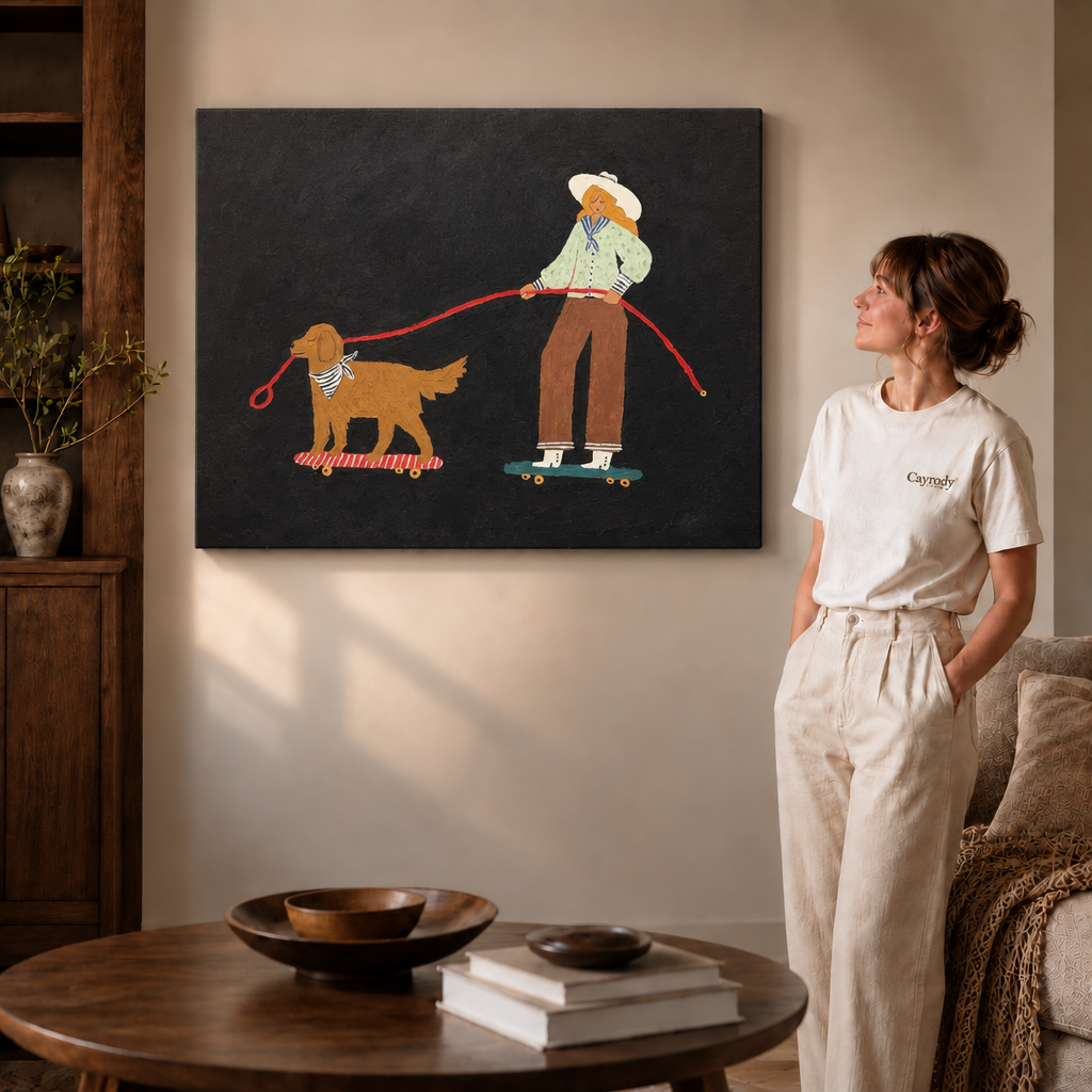 Gallery-wrapped whimsical canvas of a cowgirl and her golden dog skateboarding, hanging frameless on a beige wall.