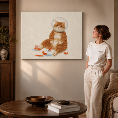 Orange tabby fishbowl cat canvas print without frame, whimsical cat wall art with goldfish on a frameless canvas.