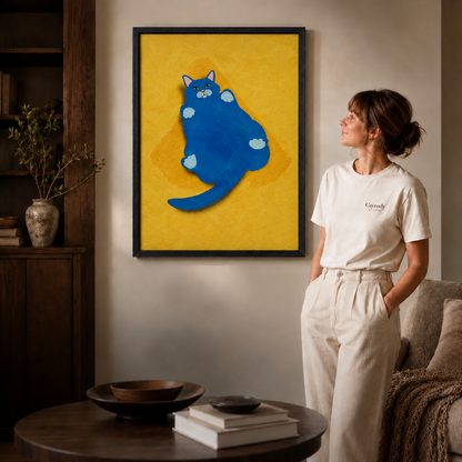 blue cat artwork with the ochre diamond patch restored, in the black-framed scene 
