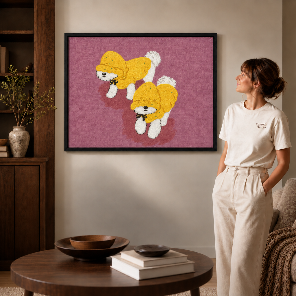 a black framed whimsical dog print of two pups in yellow raincoats on pink