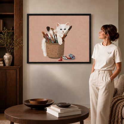Playful white kitten painting in a black frame, whimsical cat wall art in a cozy neutral living space