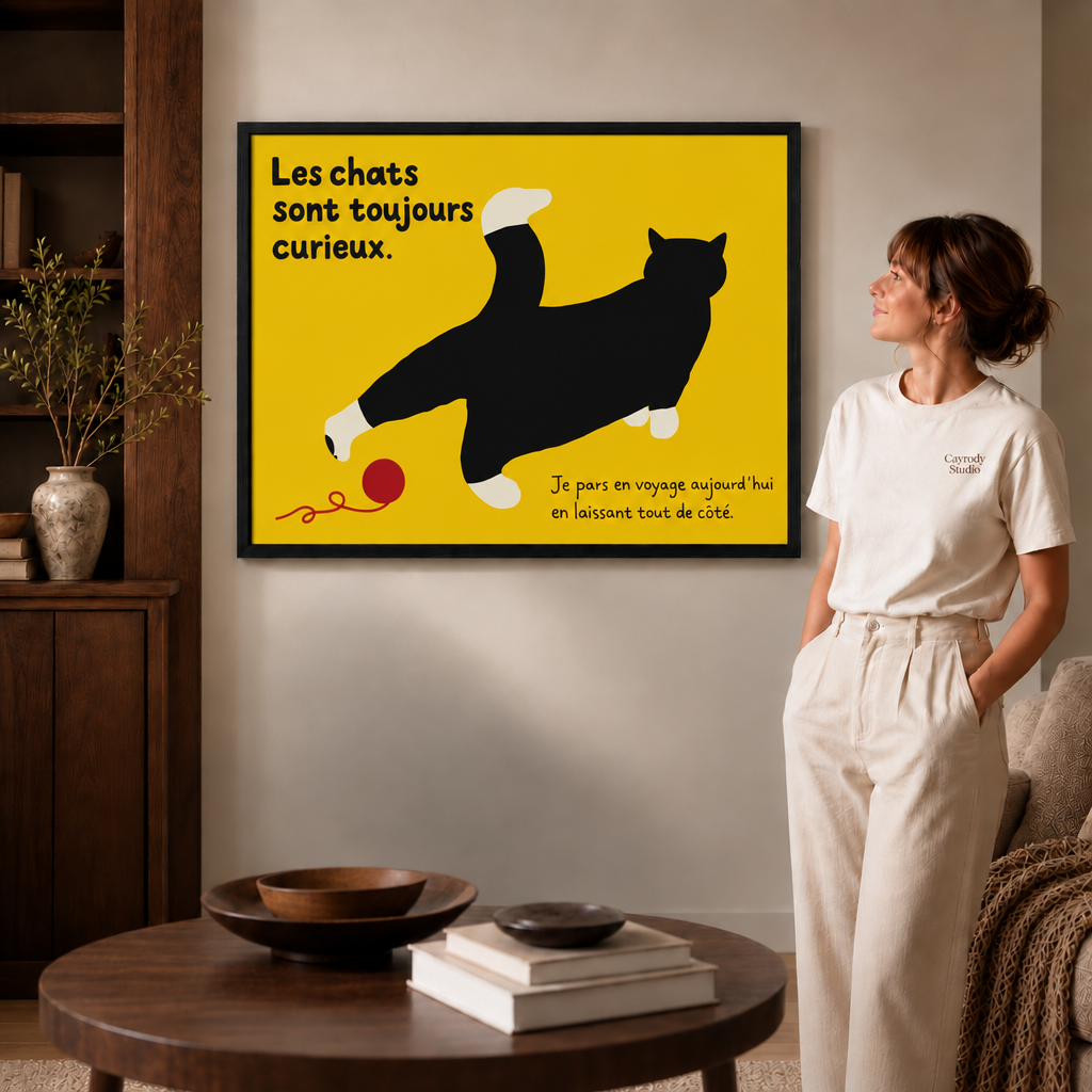 Black-framed black cat canvas wall art brightens a living room with bold yellow and French text.