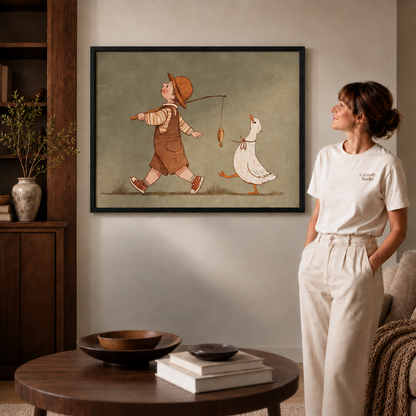 Boy and duck canvas wall art in a black frame on a neutral wall