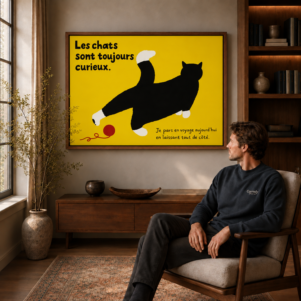 Walnut-framed black cat canvas wall art hangs above a wooden cabinet beside a seated man.