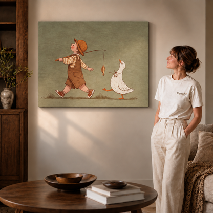 Whimsical boy and duck artwork on a gallery-wrapped canvas in a bright living room