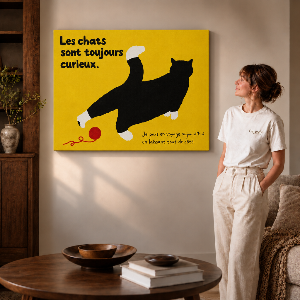Gallery-wrapped black cat canvas wall art adds playful color beside a woman in a cozy living room.