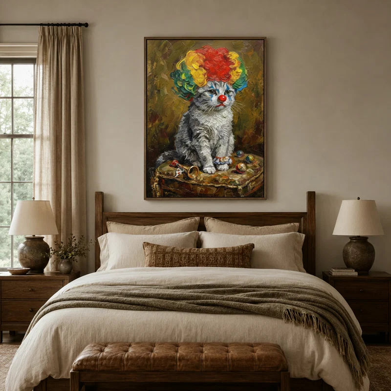 Vintage-style clown cat canvas art in a styled bedroom with warm amber and neutral tones