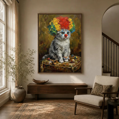 Clown cat canvas wall art in framed style displayed in a warm neutral entryway above a console