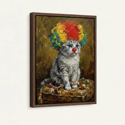 Framed canvas close-up of grey kitten in rainbow clown wig seated on gilded velvet cushion