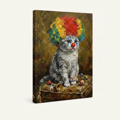 Gallery-wrapped canvas showing clown cat wall art with rich impasto texture and warm gold background