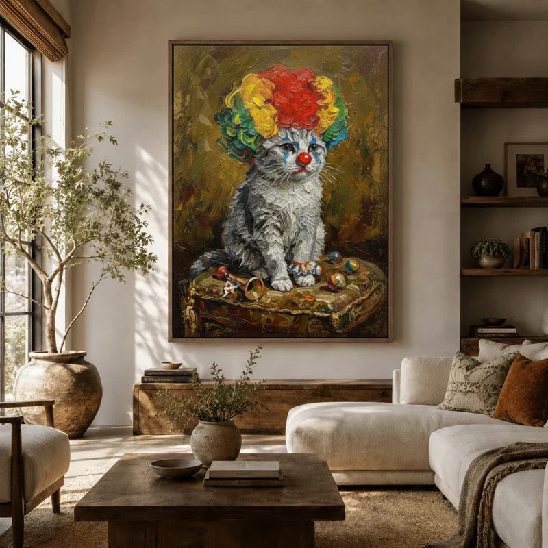Whimsical clown cat portrait hanging in a cozy living room with natural light and linen chair