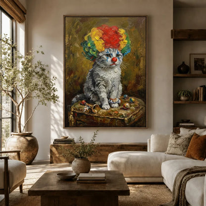 Whimsical clown cat portrait hanging in a cozy living room with natural light and linen chair