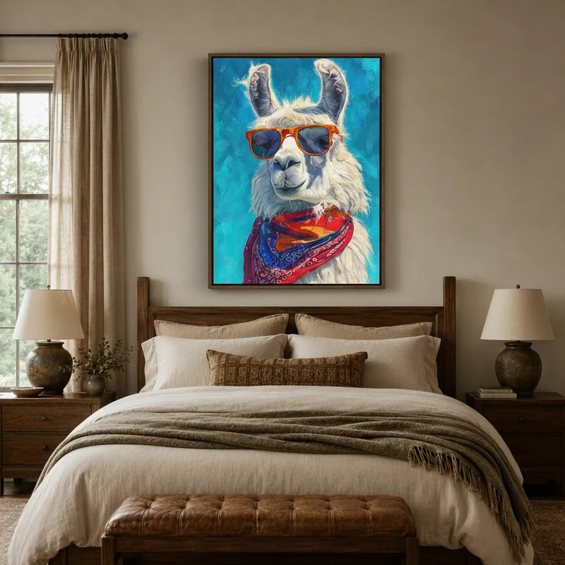 Bold colorful llama canvas art hanging in a styled bedroom with warm neutral tones
