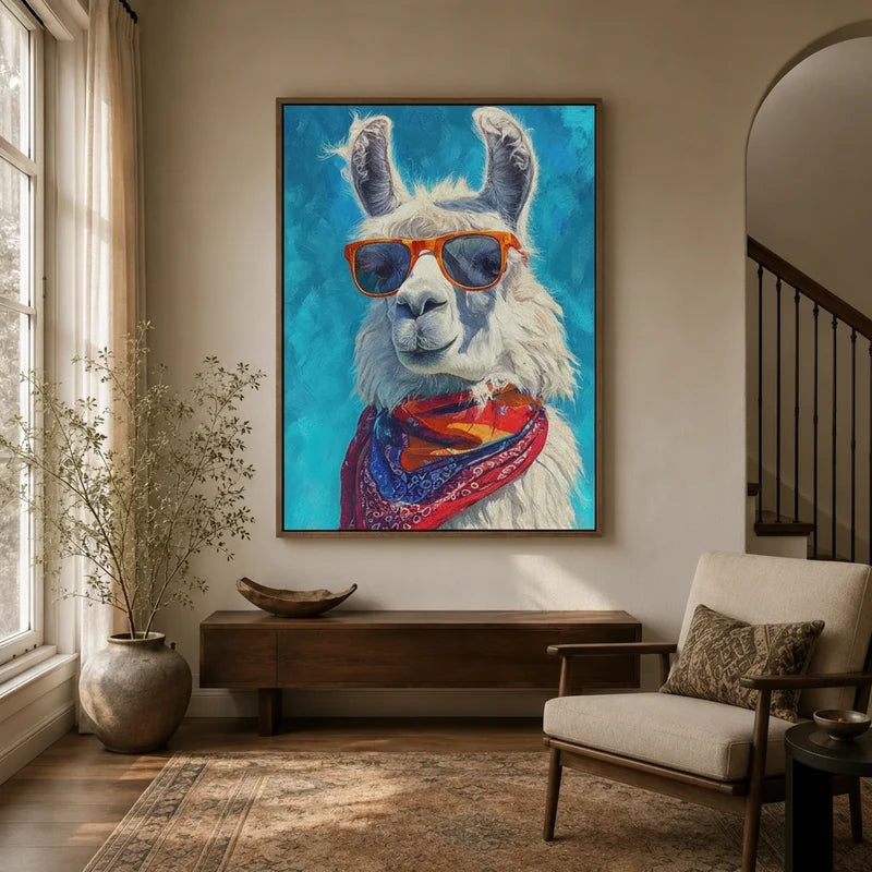 Cool llama canvas wall art in framed style displayed in a warm neutral entryway