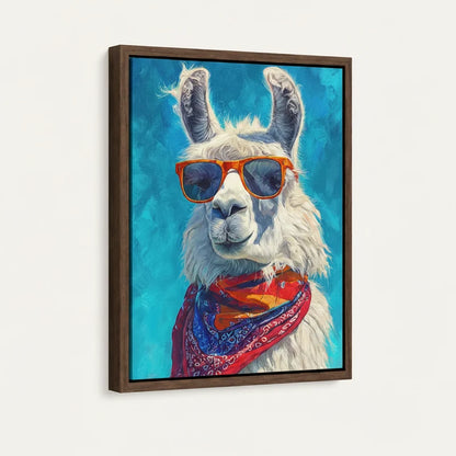 Framed canvas close-up of cool llama wearing orange sunglasses and paisley bandana