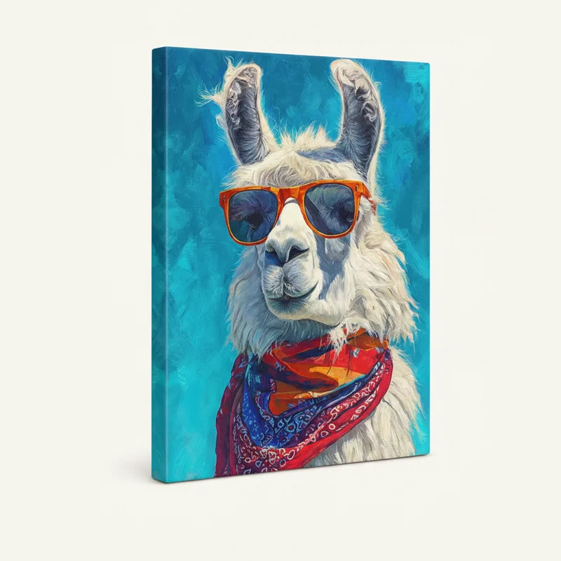 Gallery-wrapped canvas showing cool llama wall art with vivid turquoise background and side depth