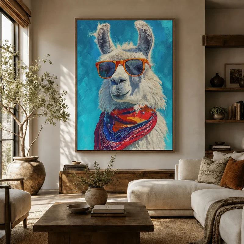 Whimsical llama wall art in a cozy living room with natural light and linen armchair