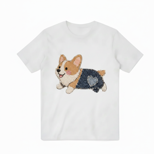 Corgi Applique on Sketch-style White Tee