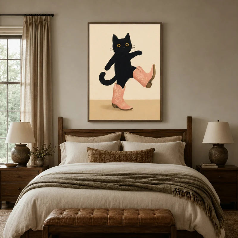 Black cat cowboy boots canvas art above wooden bed in warm cozy bedroom with linen bedding