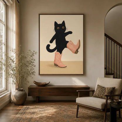 Whimsical black cat cowboy boots canvas displayed above entryway console table with ceramic vase