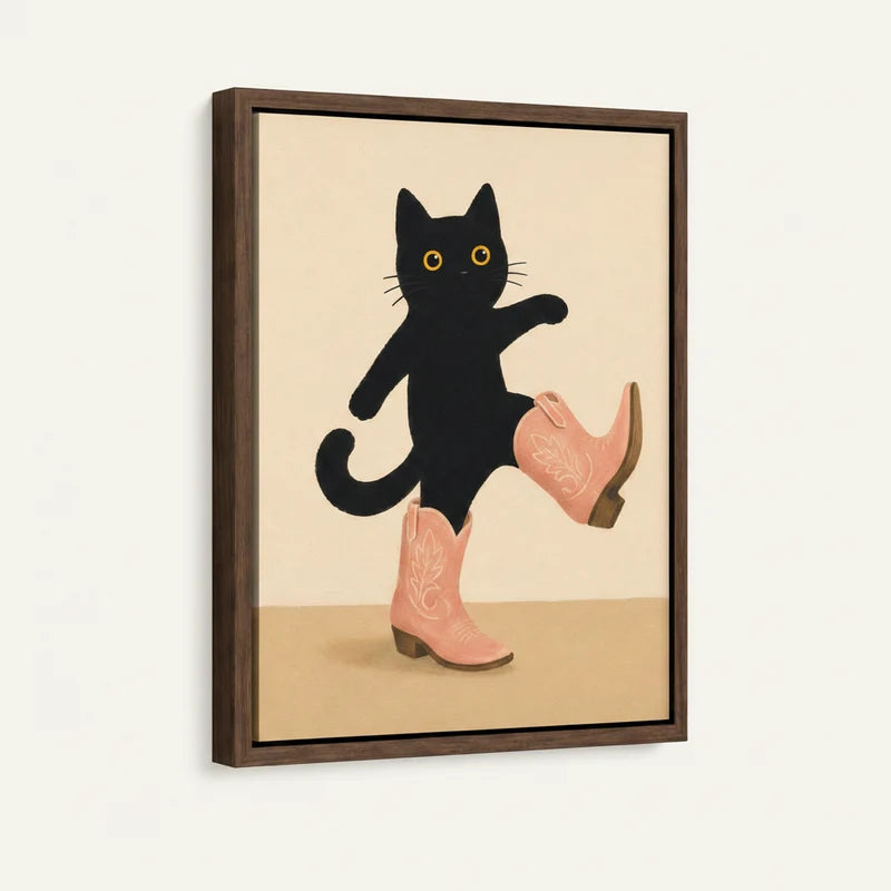 Cowboy cat canvas in dark walnut floater frame shown at 45-degree angle on white background