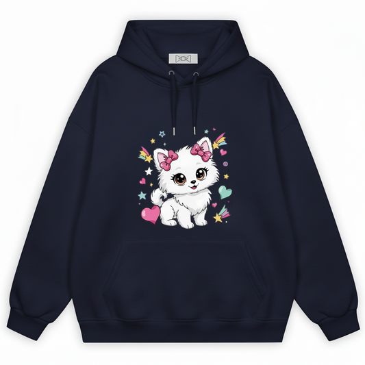 Kawaii Fluffy Puppy Pink Bow Hearts Graphic Hoodie H1087