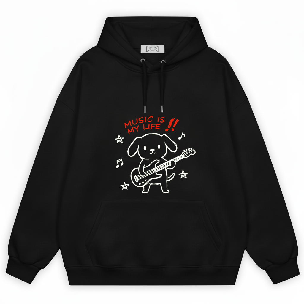 Music Is My Life Guitar Dog Funny Graphic Hoodie H1105