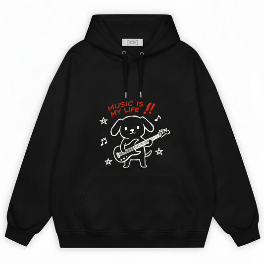 Music Is My Life Guitar Dog Funny Graphic Hoodie H1105