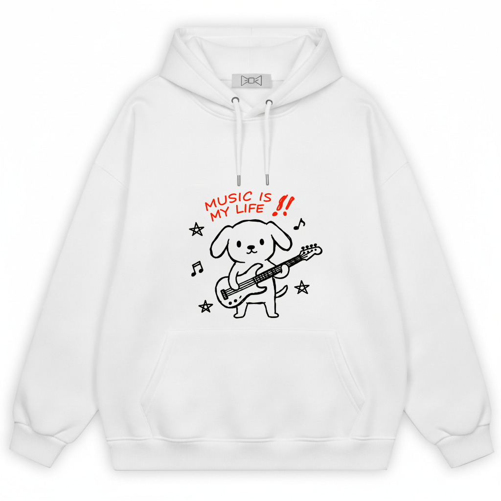 Music Is My Life Guitar Dog Funny Graphic Hoodie H1105