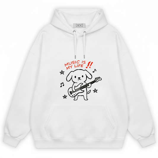 Music Is My Life Guitar Dog Funny Graphic Hoodie H1105