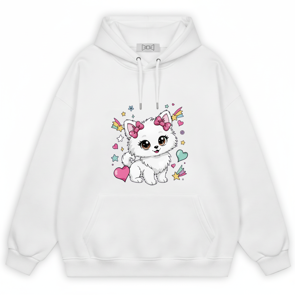 Kawaii Fluffy Puppy Pink Bow Hearts Graphic Hoodie H1087