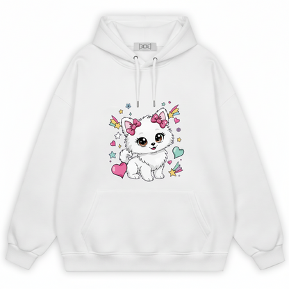 Kawaii Fluffy Puppy Pink Bow Hearts Graphic Hoodie H1087
