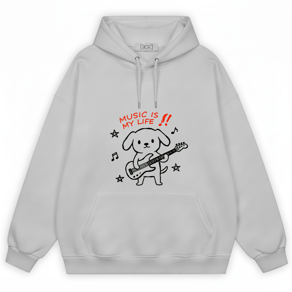 Music Is My Life Guitar Dog Funny Graphic Hoodie H1105