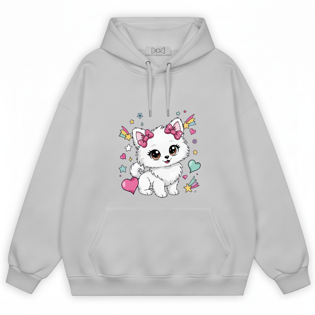 Kawaii Fluffy Puppy Pink Bow Hearts Graphic Hoodie H1087