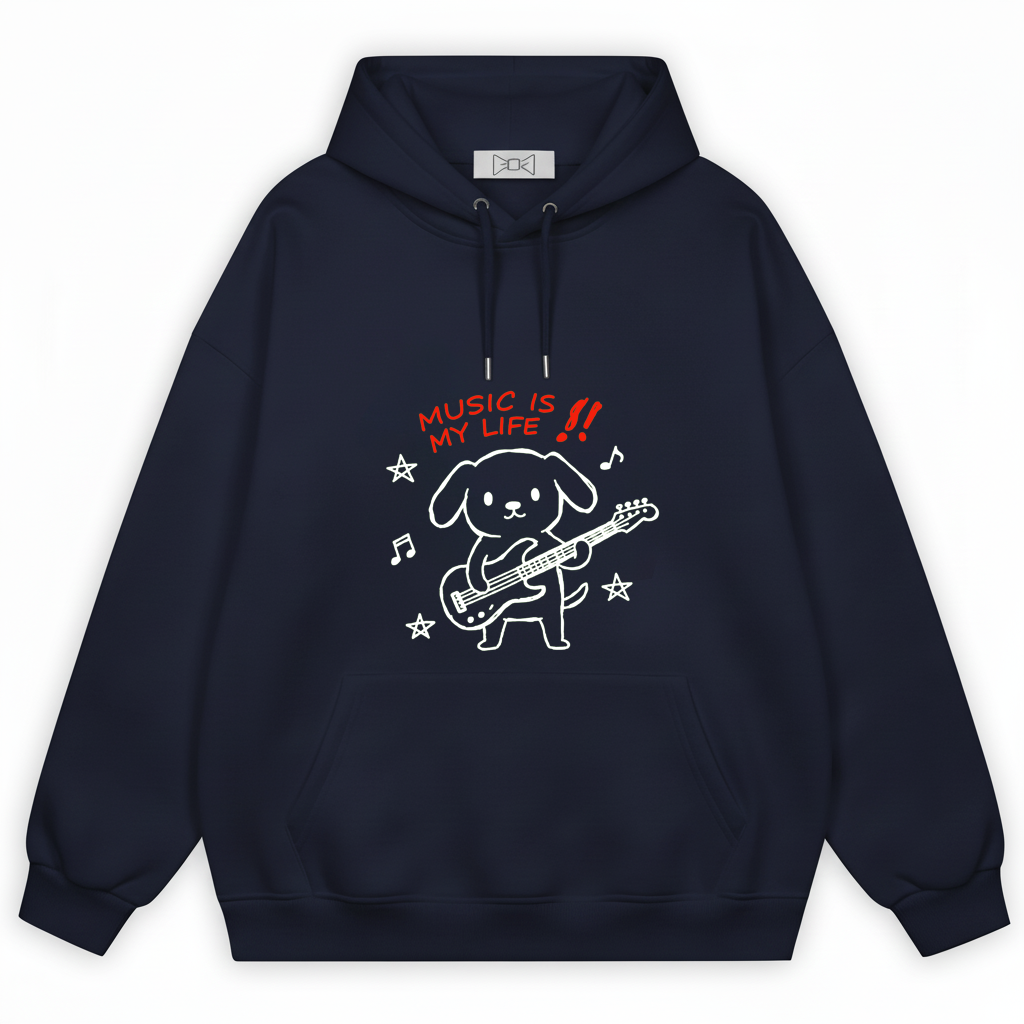 Music Is My Life Guitar Dog Funny Graphic Hoodie H1105