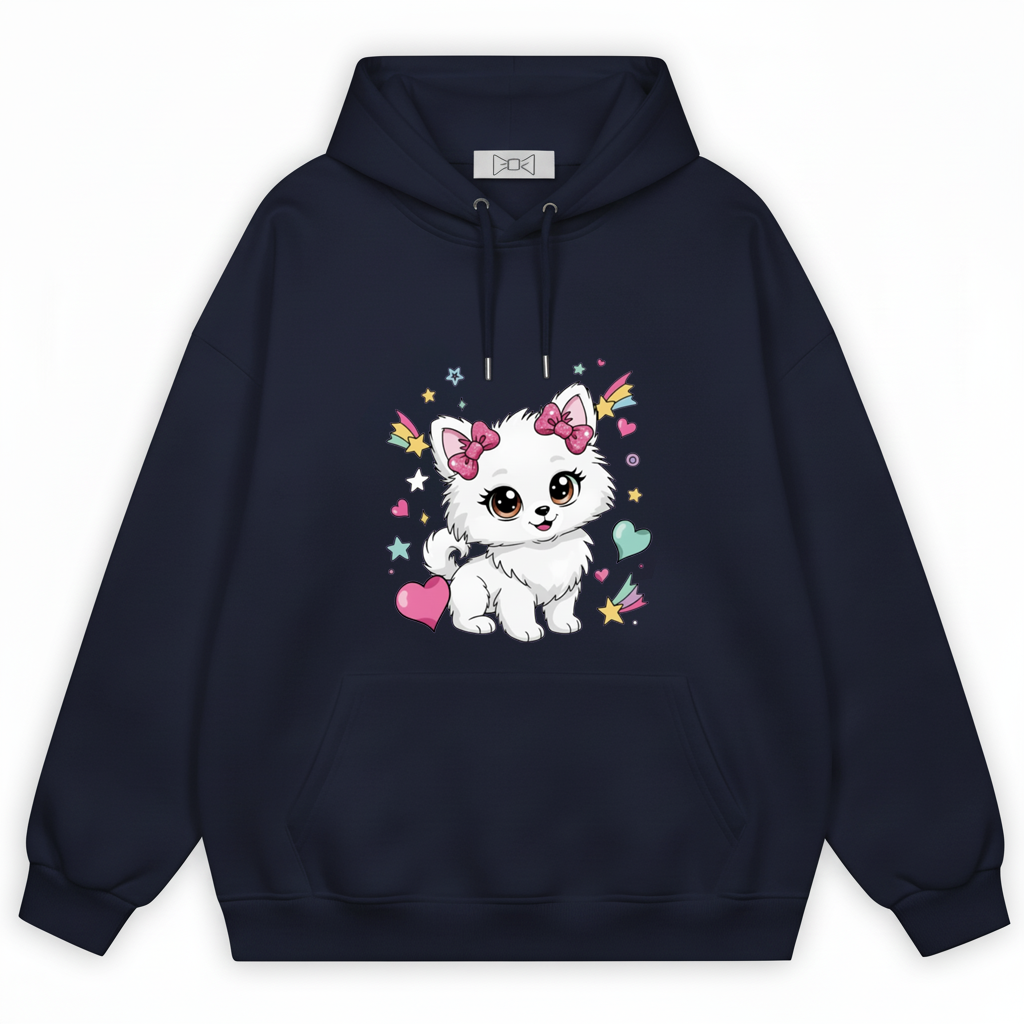 Kawaii Fluffy Puppy Pink Bow Hearts Graphic Hoodie H1087