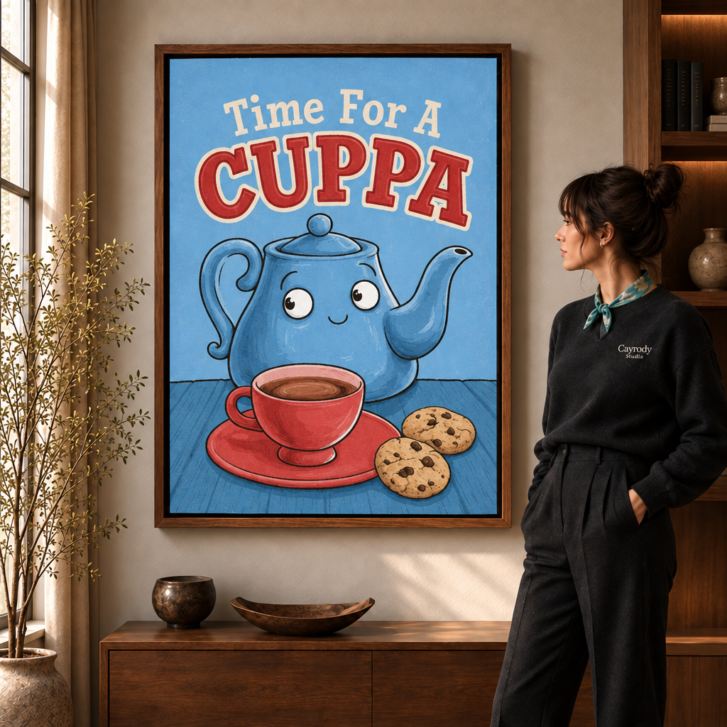 Framed Time for a Cuppa tea canvas displayed above a walnut console beside a woman.