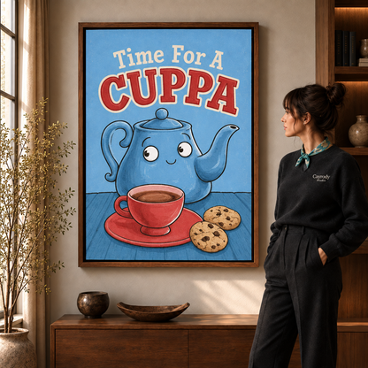 Framed Time for a Cuppa tea canvas displayed above a walnut console beside a woman.